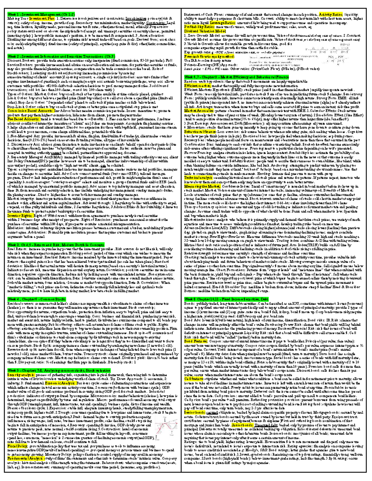 FIN501 - Investment Management Final Exam Crib Notes - Studocu