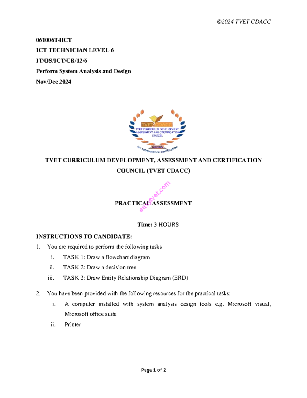 TVET CDACC 061006T4ICT ICT Technician Level 6 System Analysis Tasks ...