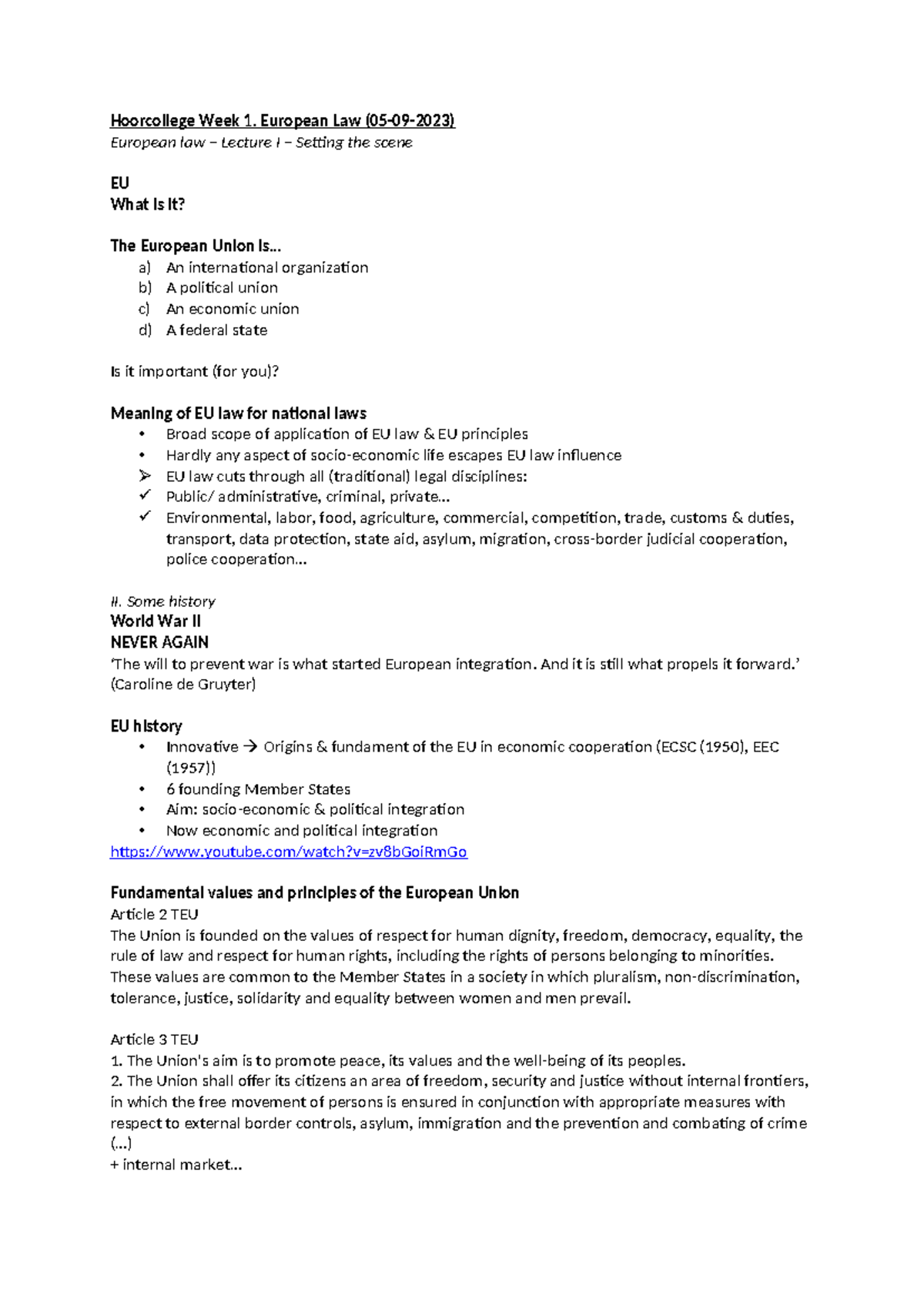 Hoorcollege Week 1: Intro to European Law (EU) - Lecture Notes ...