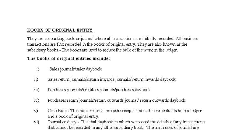 Books of Original Entry: Accounting Journals Explained - Studocu