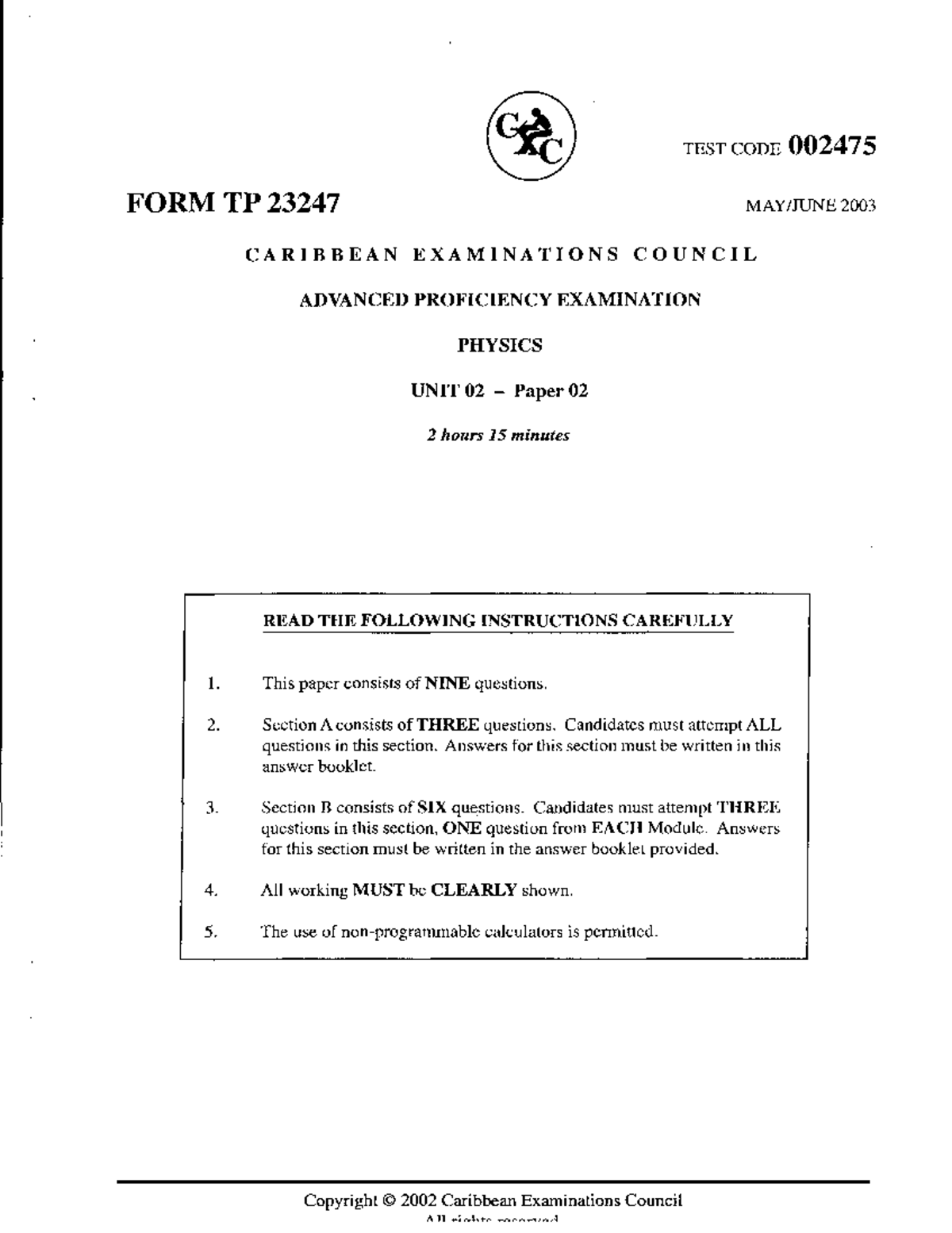 CAPE Physics 2003 Unit 2 Paper 2 - Past Examination Paper - Studocu