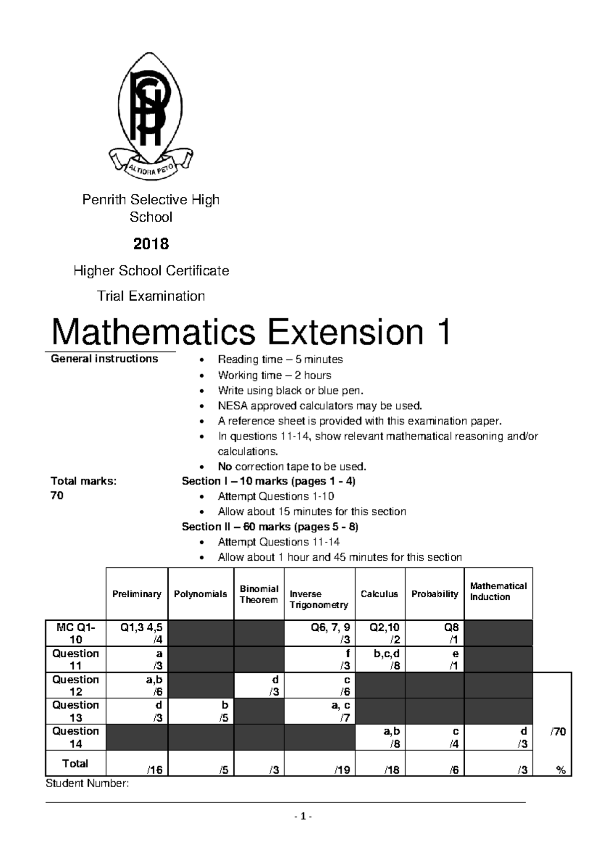 Penrith E1 2018 HSC Trial Exam Mathematics Extension 1 Past Paper - Studocu