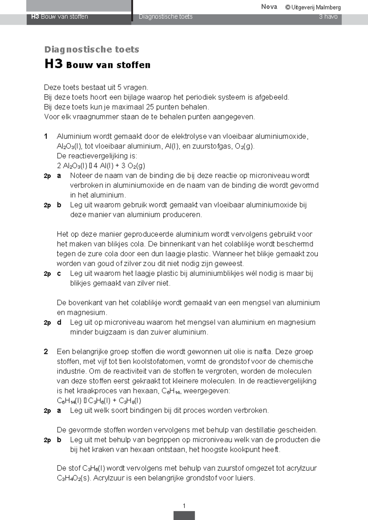 Nova Sk 3h H3 Diagnostische Toets 3 - Bouw van Stoffen - Studeersnel