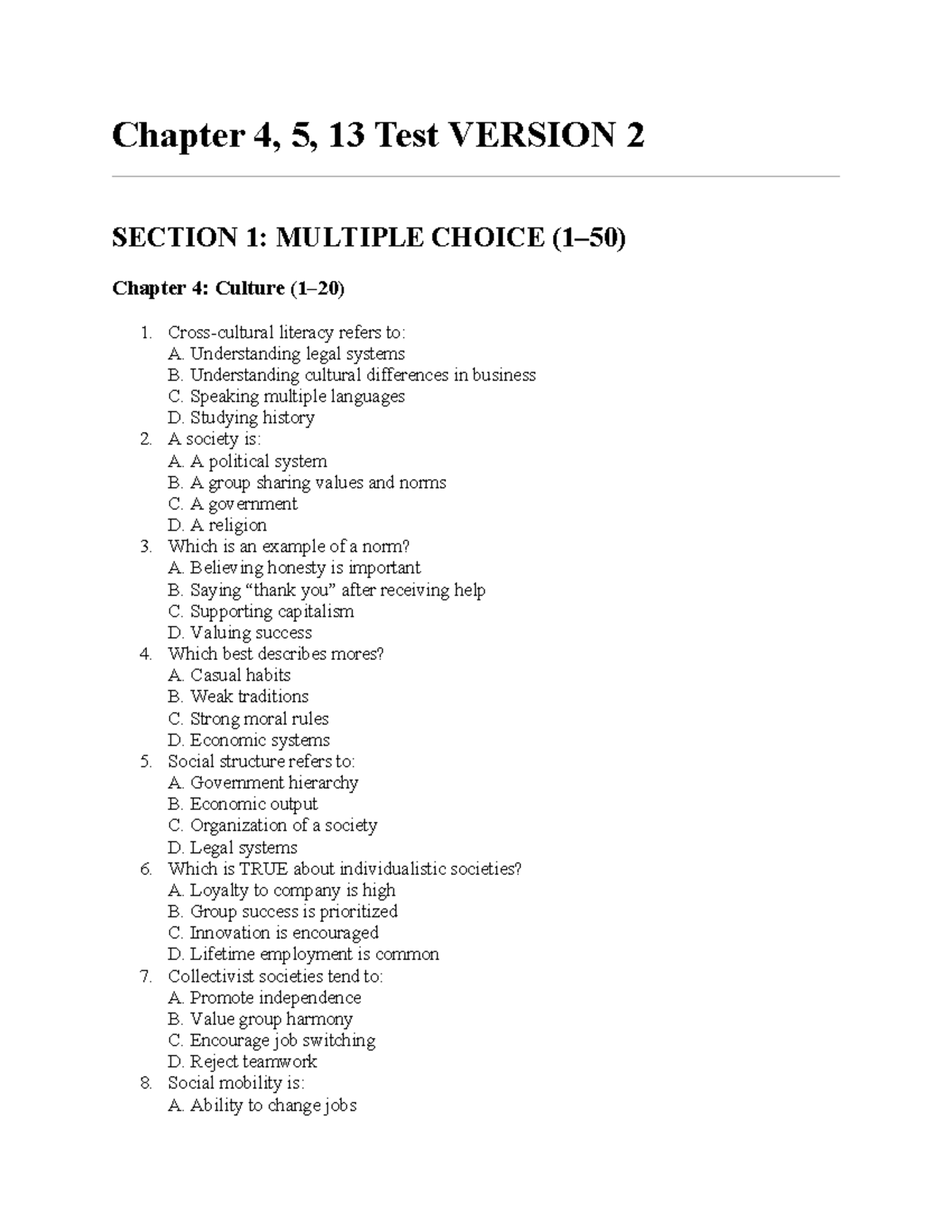 Chapter 4, 5, 13 Practice Test VERSION 2: Multiple Choice & Short ...
