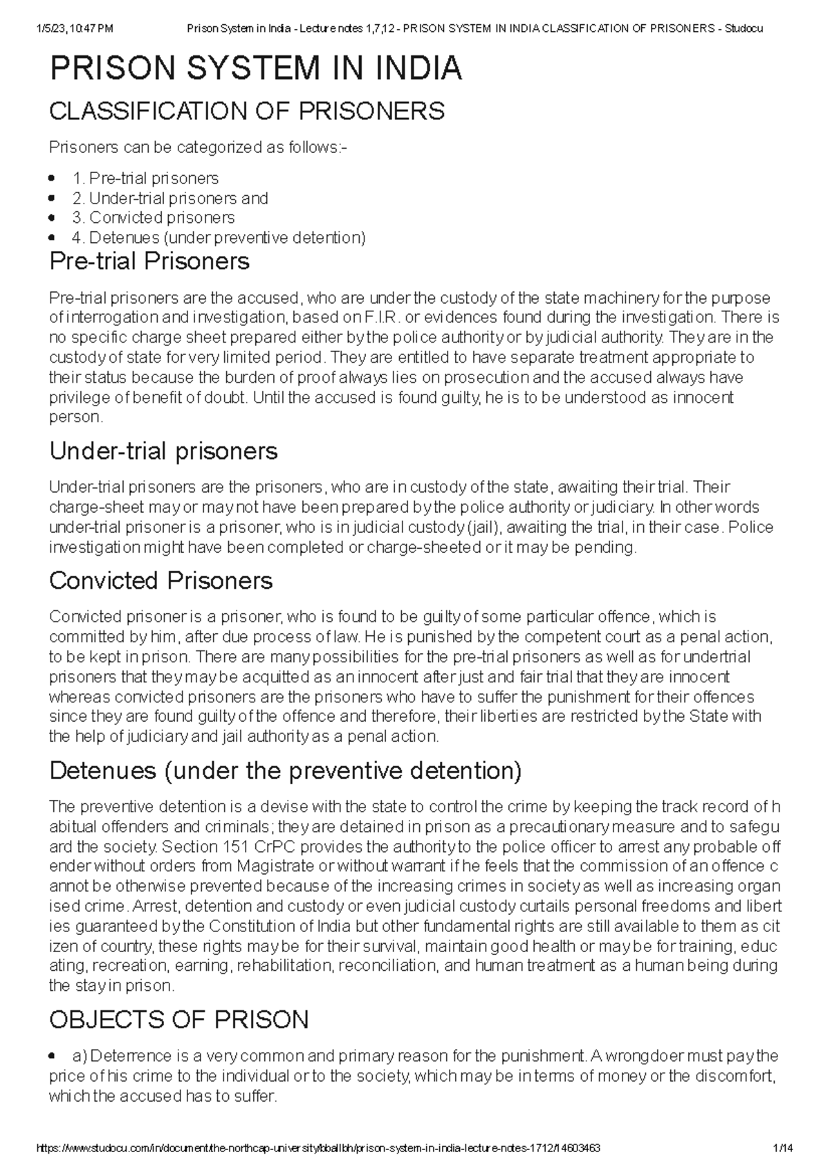 Prison System in India - Lecture Notes (1, 7, 12) on Classification and ...