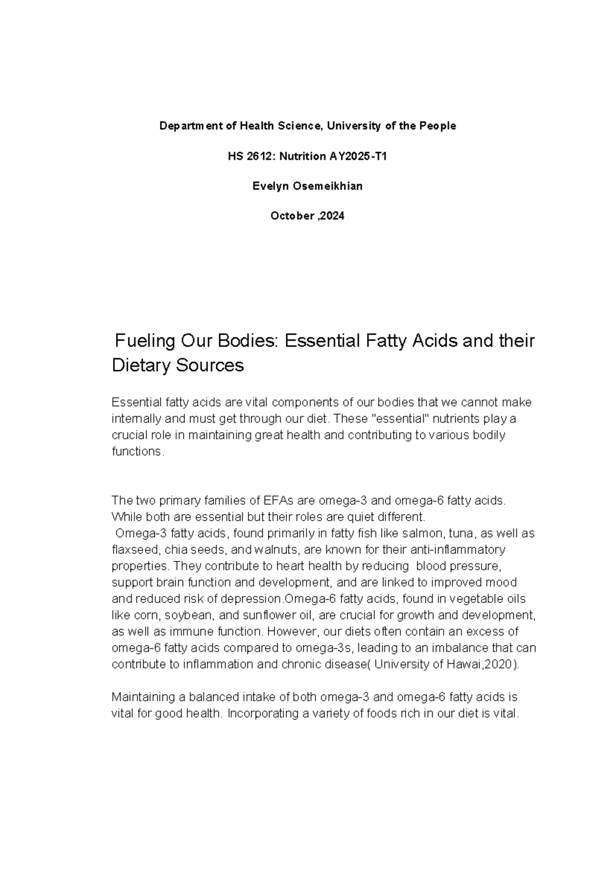 HS Nutrition Assignment 4: Essential Fatty Acids & Body Functions - Studocu