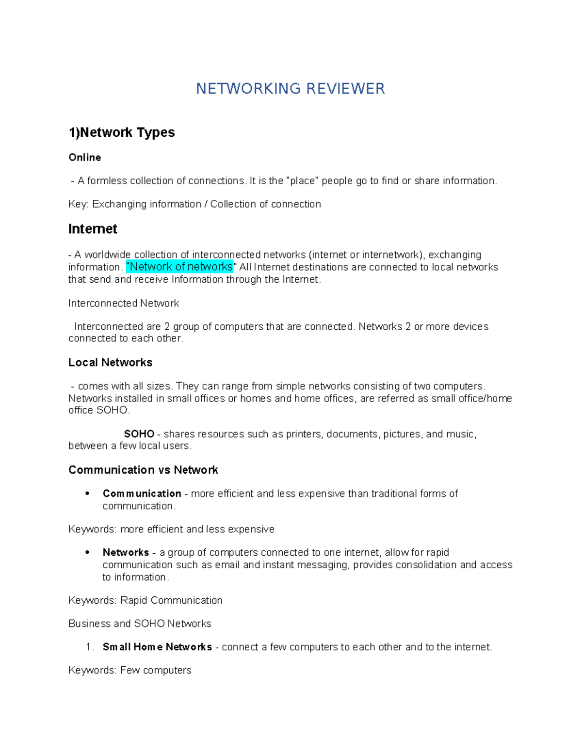 Networking Reviewer - none - NETWORKING REVIEWER 1)Network Types ...