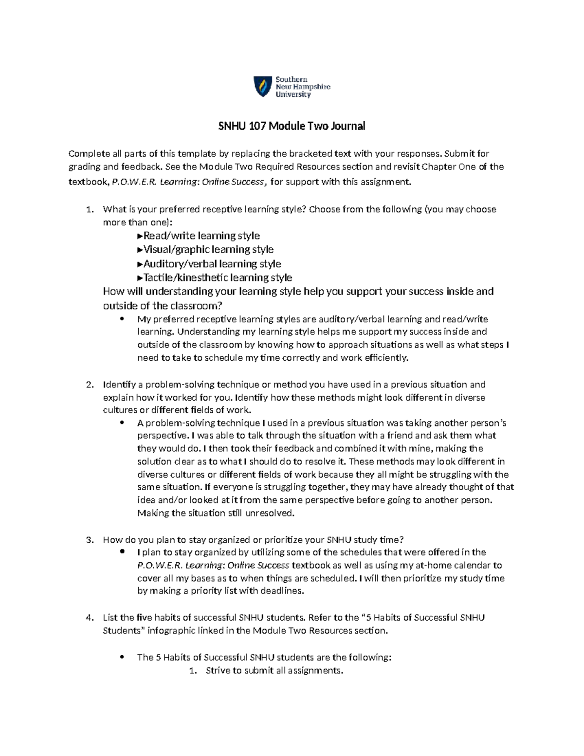 SNHU 107 Module Two Journal: Learning Styles and Success Strategies ...