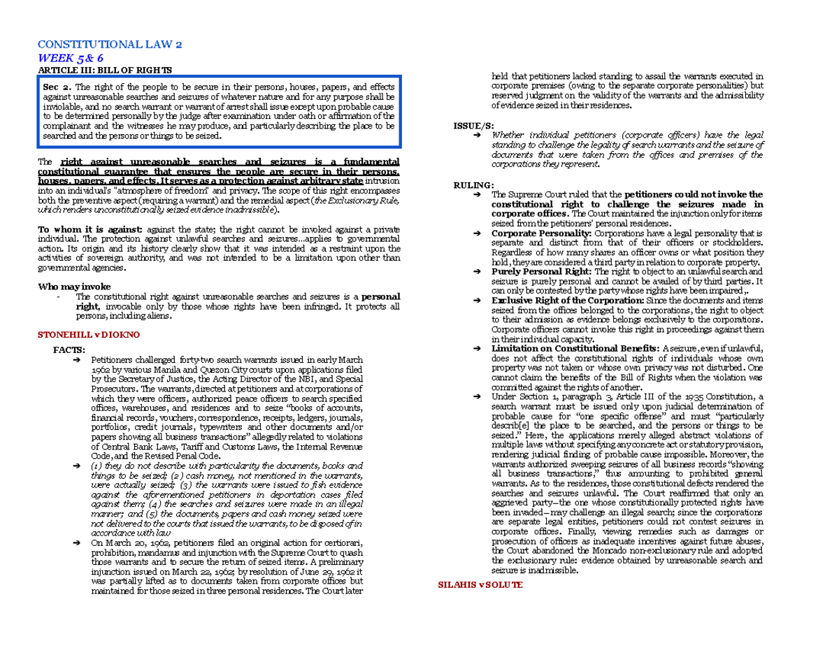 CONSTITUTIONAL LAW 2 WEEK 5-6: BILL OF RIGHTS & SEARCH AND SEIZURE ...