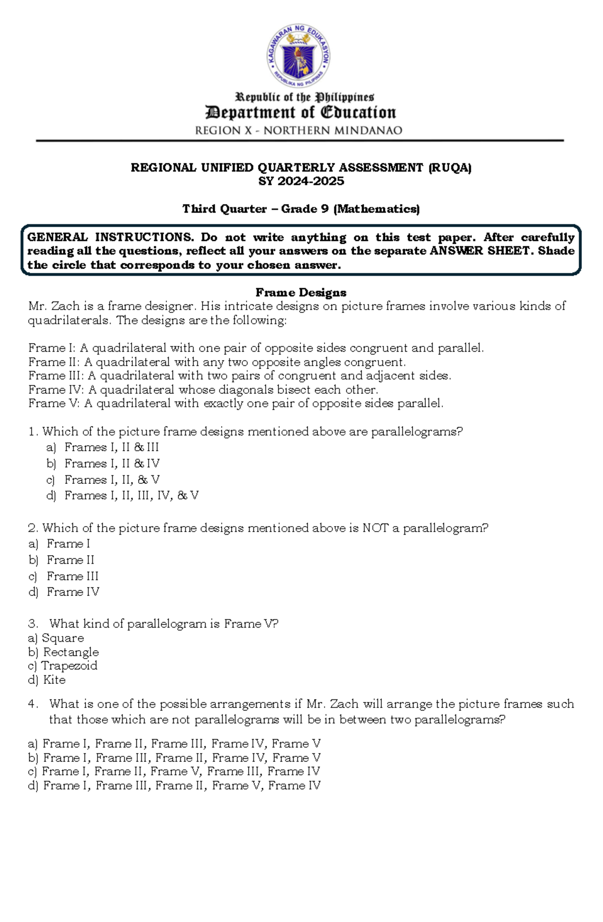 MATH 9 Q3 RUQA Final Assessment - Quadrilaterals and Geometry - Studocu