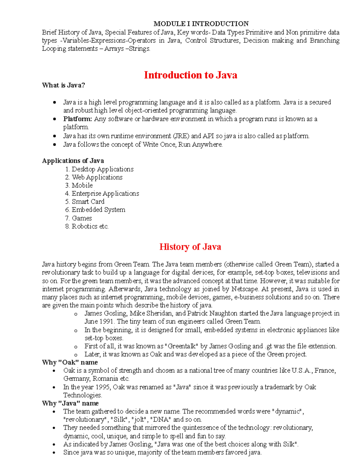 Module I: Introduction to Java Programming Concepts and Features - Studocu