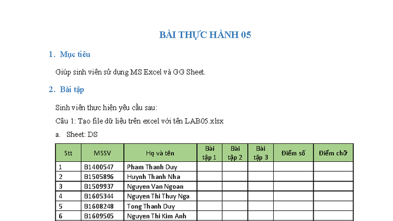 LAB 05 - Thực Hành Sử Dụng MS Excel và GG Sheet - Studocu