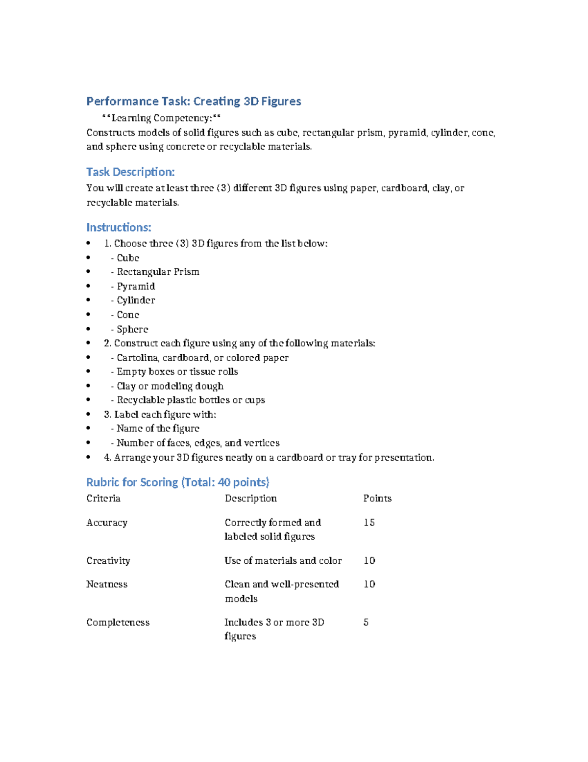Performance Task: 3D Figure Construction & Presentation - Studocu