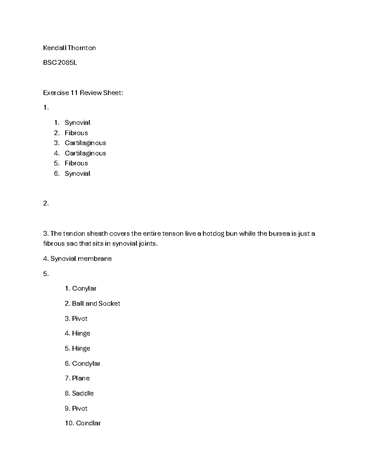 BSC 2085L Exercise 11 Review Sheet: Joint Types & Structures - Studocu