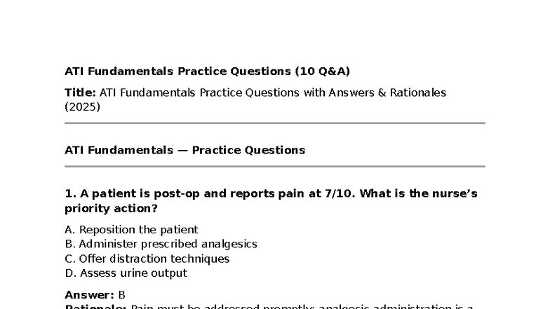 ATI Fundamentals Practice Questions & Rationales (2025) - Studocu