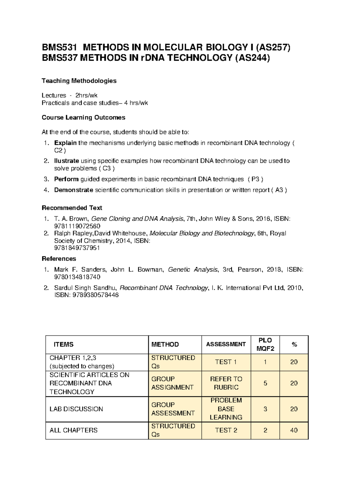 BMS531 BMS537 Lesson PLAN October 20234 - BMS53 1 METHODS IN MOLECULAR ...