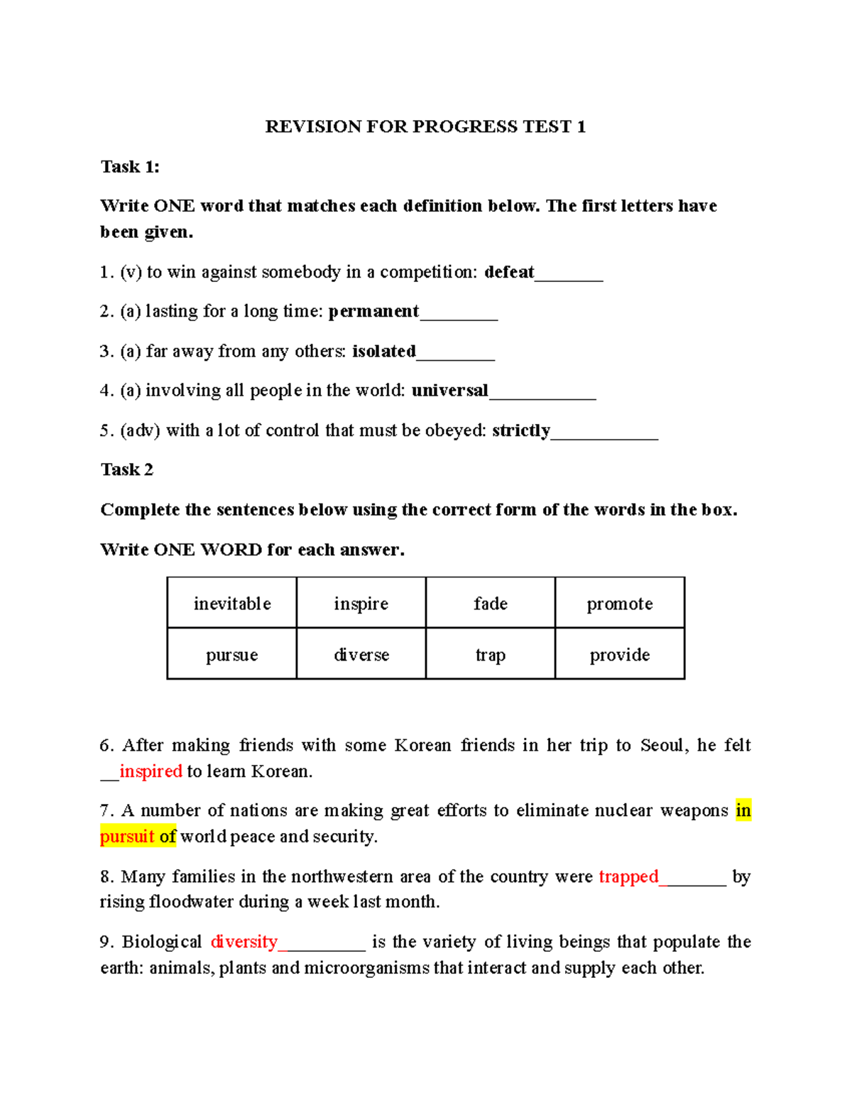 Revision FOR Progress TEST 1 - REVISION FOR PROGRESS TEST 1 Task 1 ...