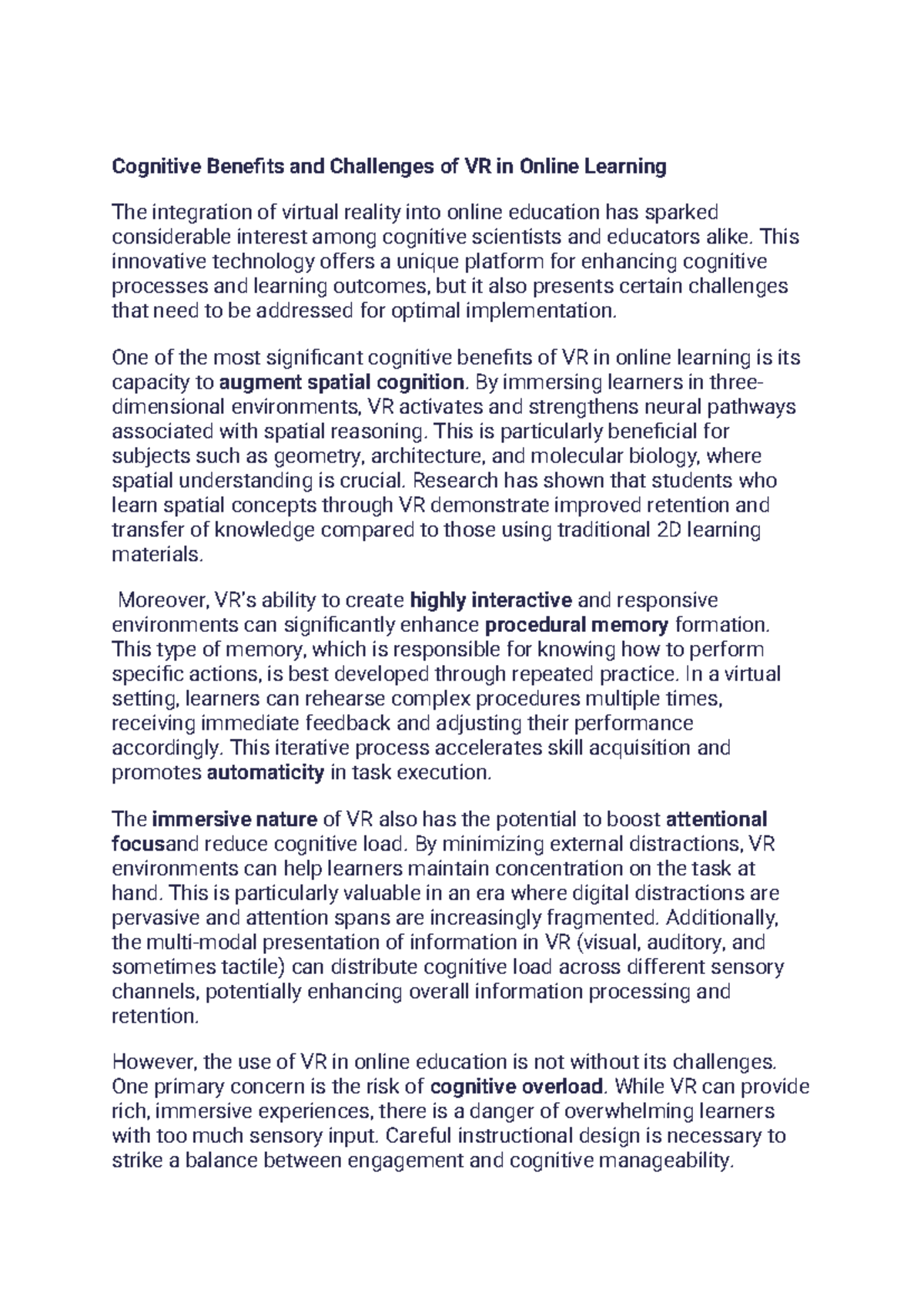 Cognitive Benefits and Challenges of VR in Online Learning: A Study ...