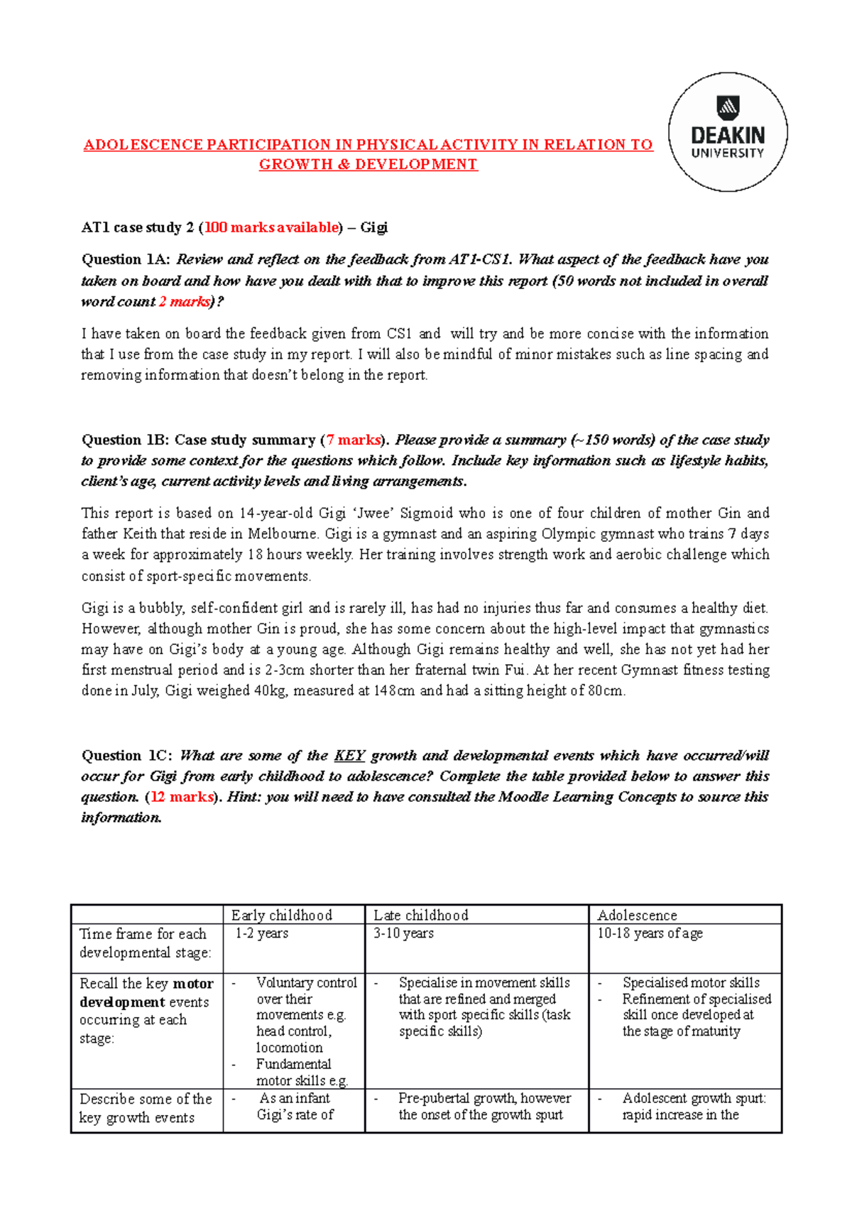 HBS 113 AT3 Case Study: Adolescent Growth, Activity & Development ...