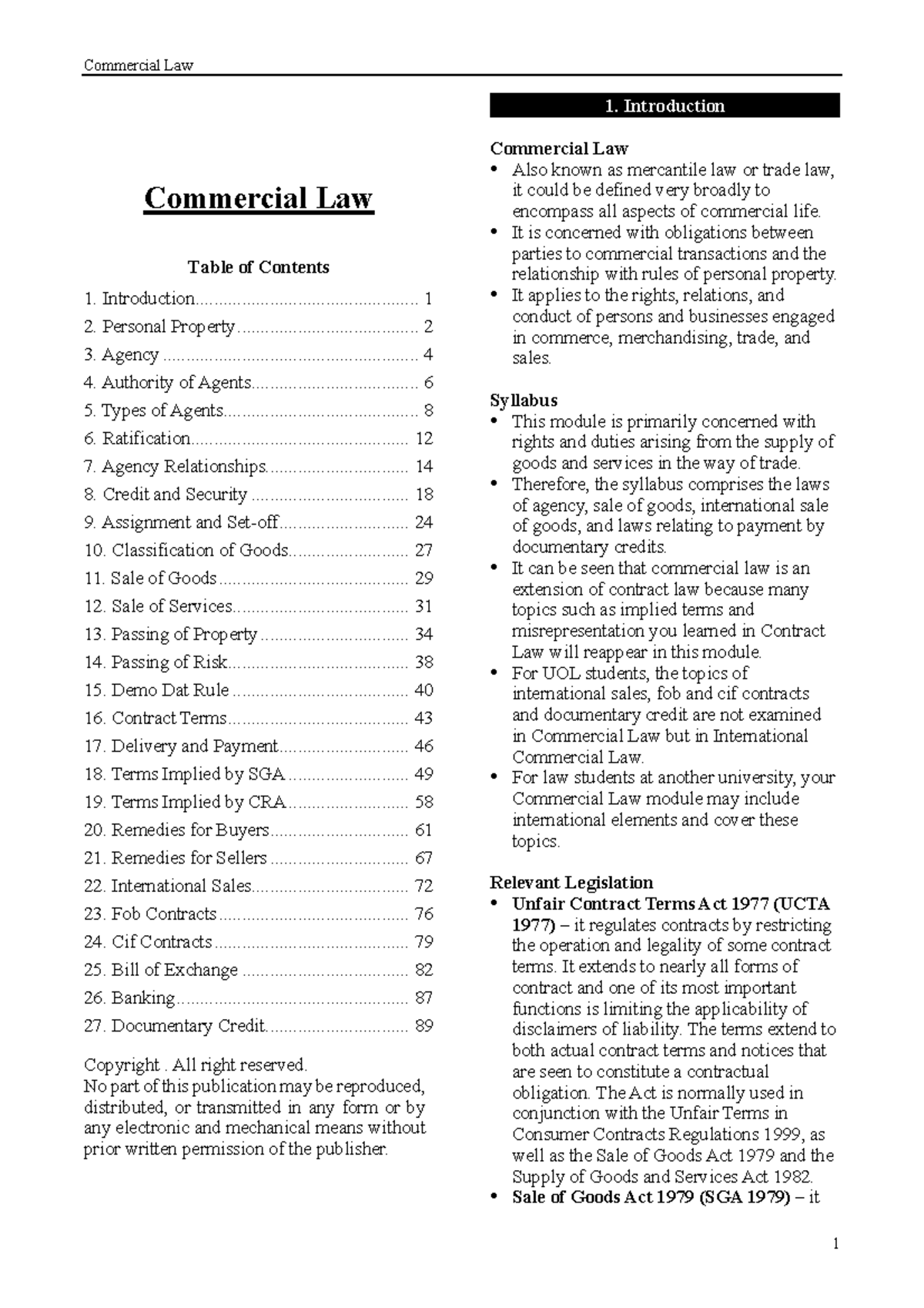 Commercial Law 1: Comprehensive Study Notes and Overview - Studocu