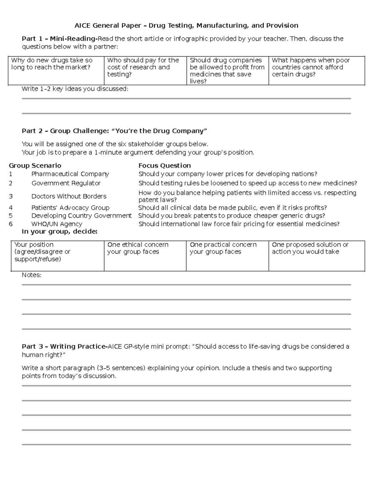 AICE General Paper WS on Drug Testing, Manufacturing & Provision - Studocu