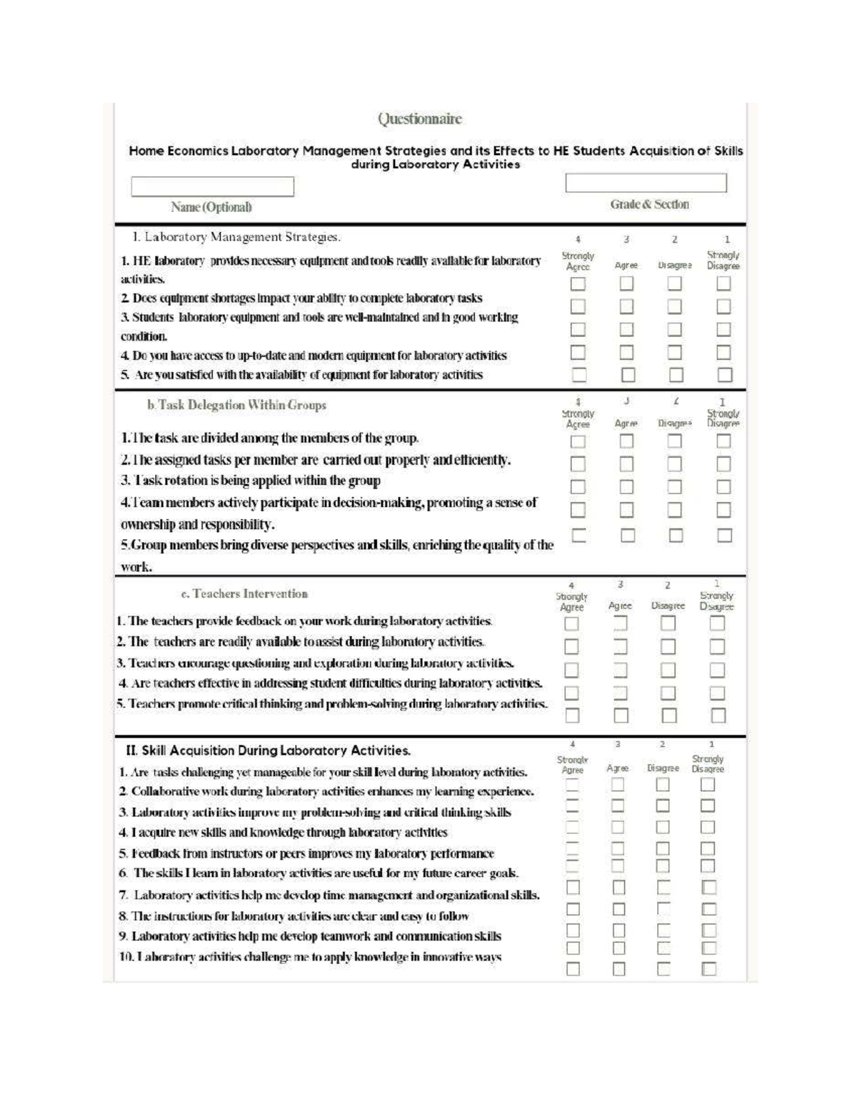 HE 101: Questionnaire on Laboratory Management Strategies and Skill ...