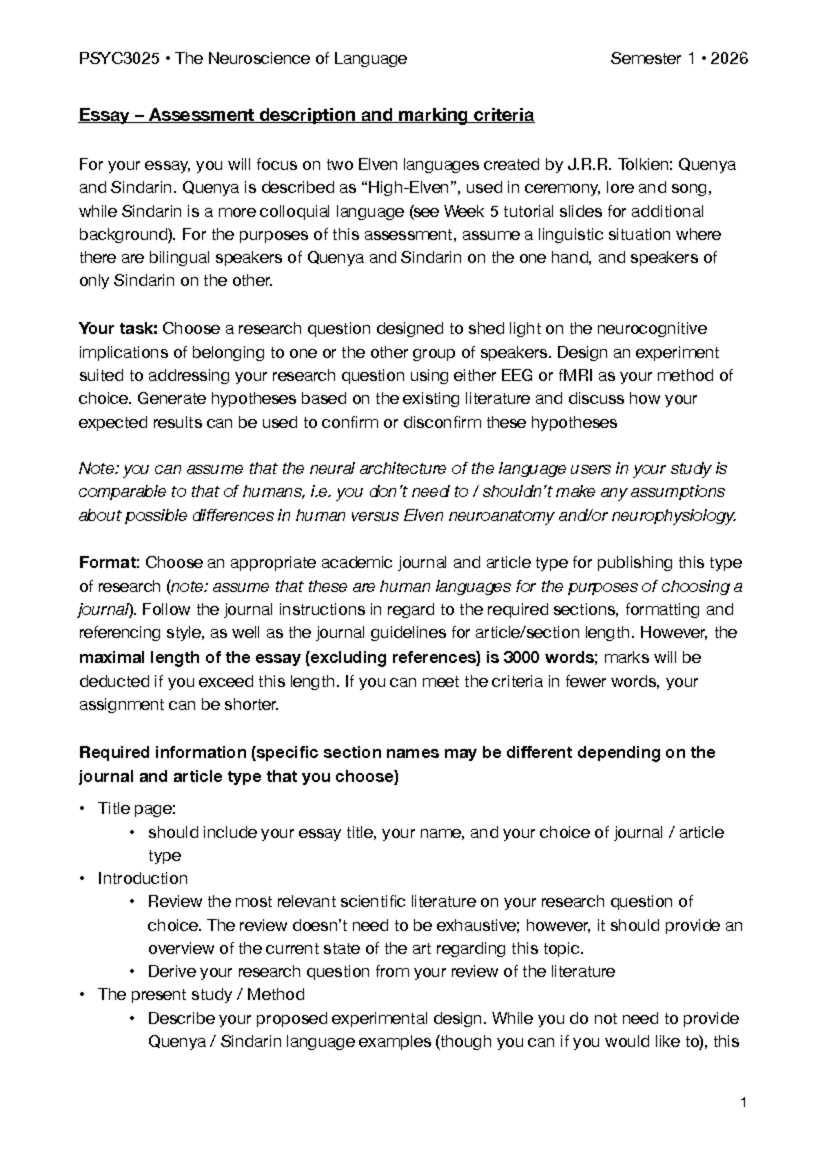 PSYC3025 Essay on Neurocognitive Implications of Elven Languages - Studocu
