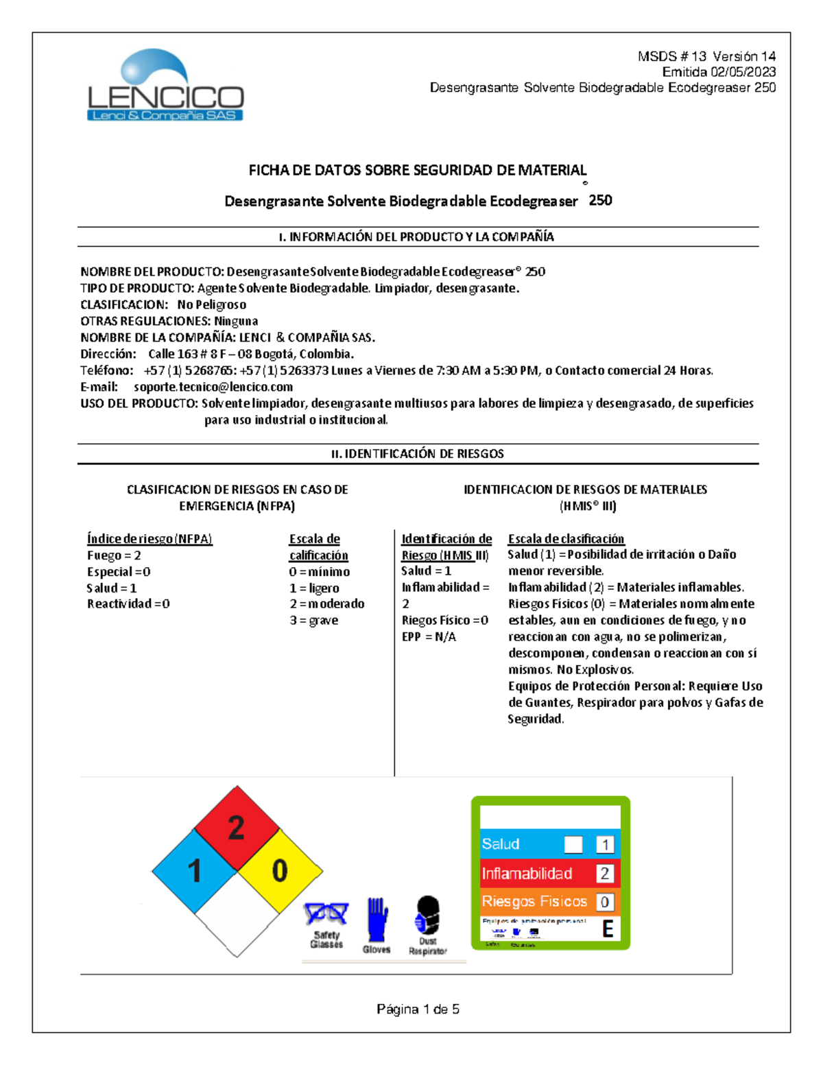 Ficha de Seguridad del Desengrasante Solvente Ecodegreaser 250 - Document Preview
