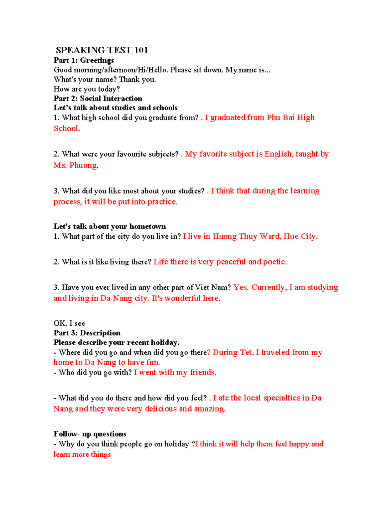 SPEAKING TEST 101-104: Social Interaction & Discussion Responses - Studocu