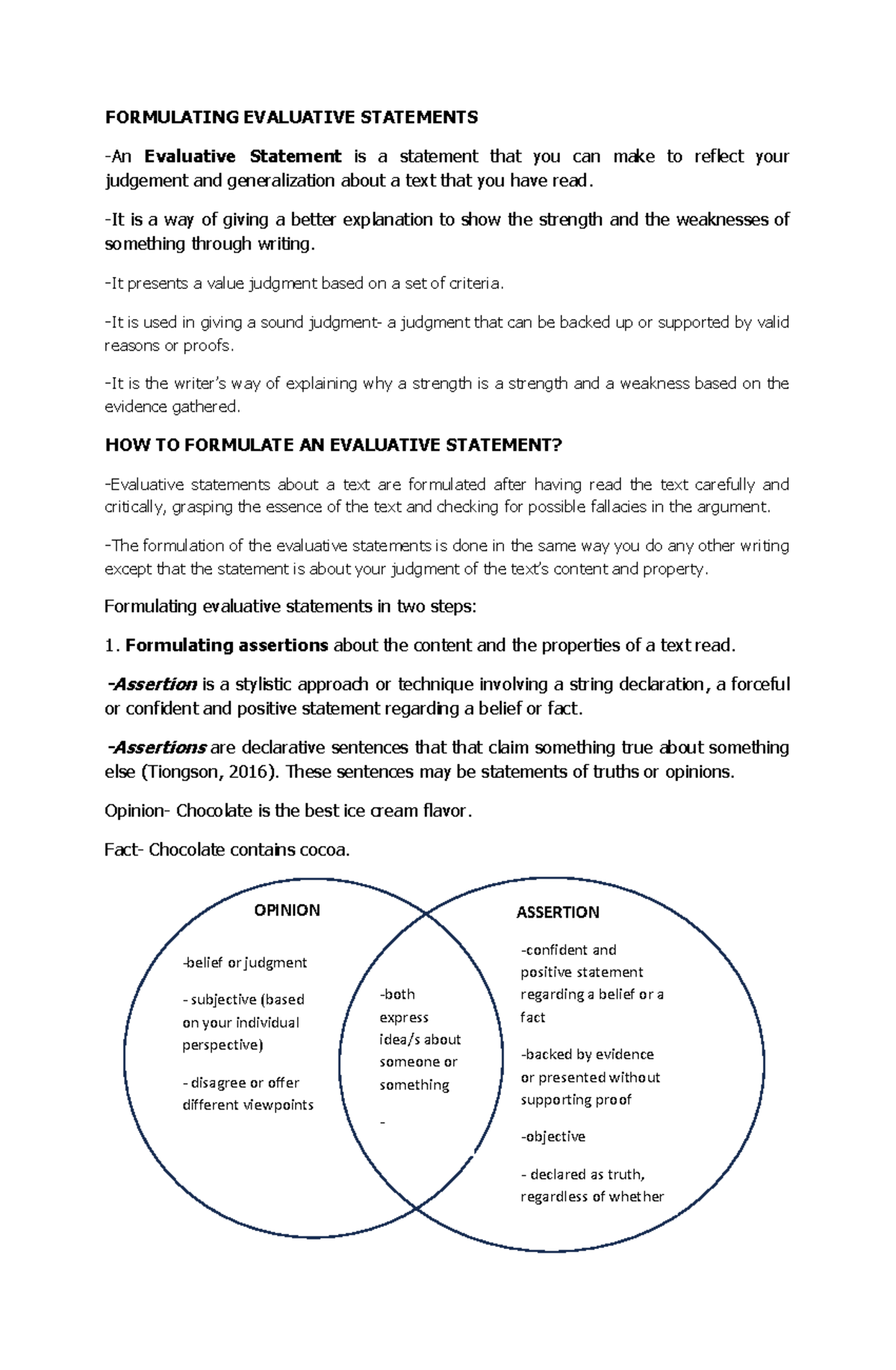 FORMULATING EVALUATIVE STATEMENTS: ASSERTIONS & CLAIMS - Studocu