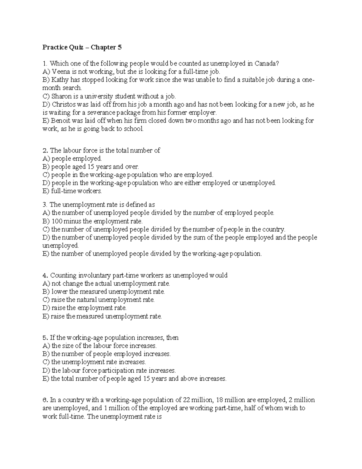 Practice Quiz 5 - Unemployment and Labour Force Concepts - Studocu