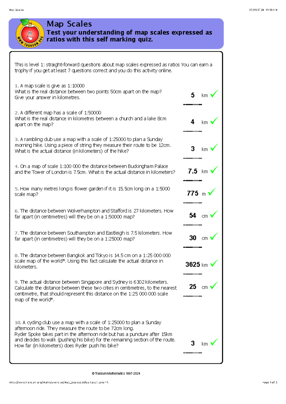 Ratios and Map Scales Quiz: Test Your Understanding of 1:25 Scale - Studocu