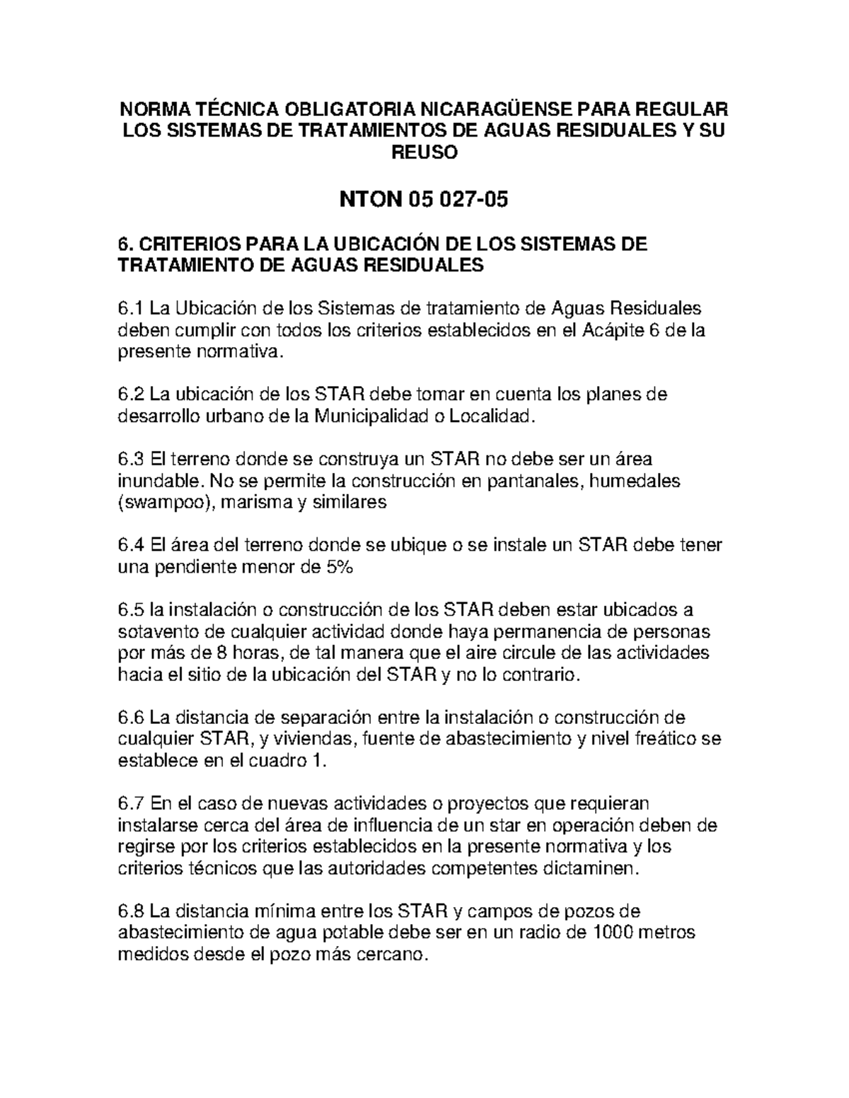 Norma Técnica Nicaragüense NTON 05: Ubicación de Sistemas de Tratamiento de - Document Preview