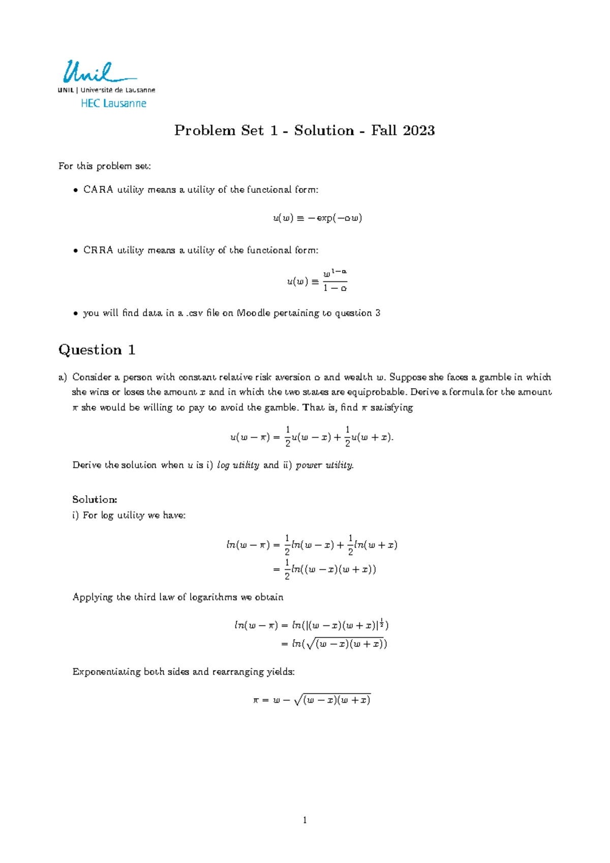 Problem Set 1 Solution - exercice - Problem Set 1 Investments, weeks 1 ...