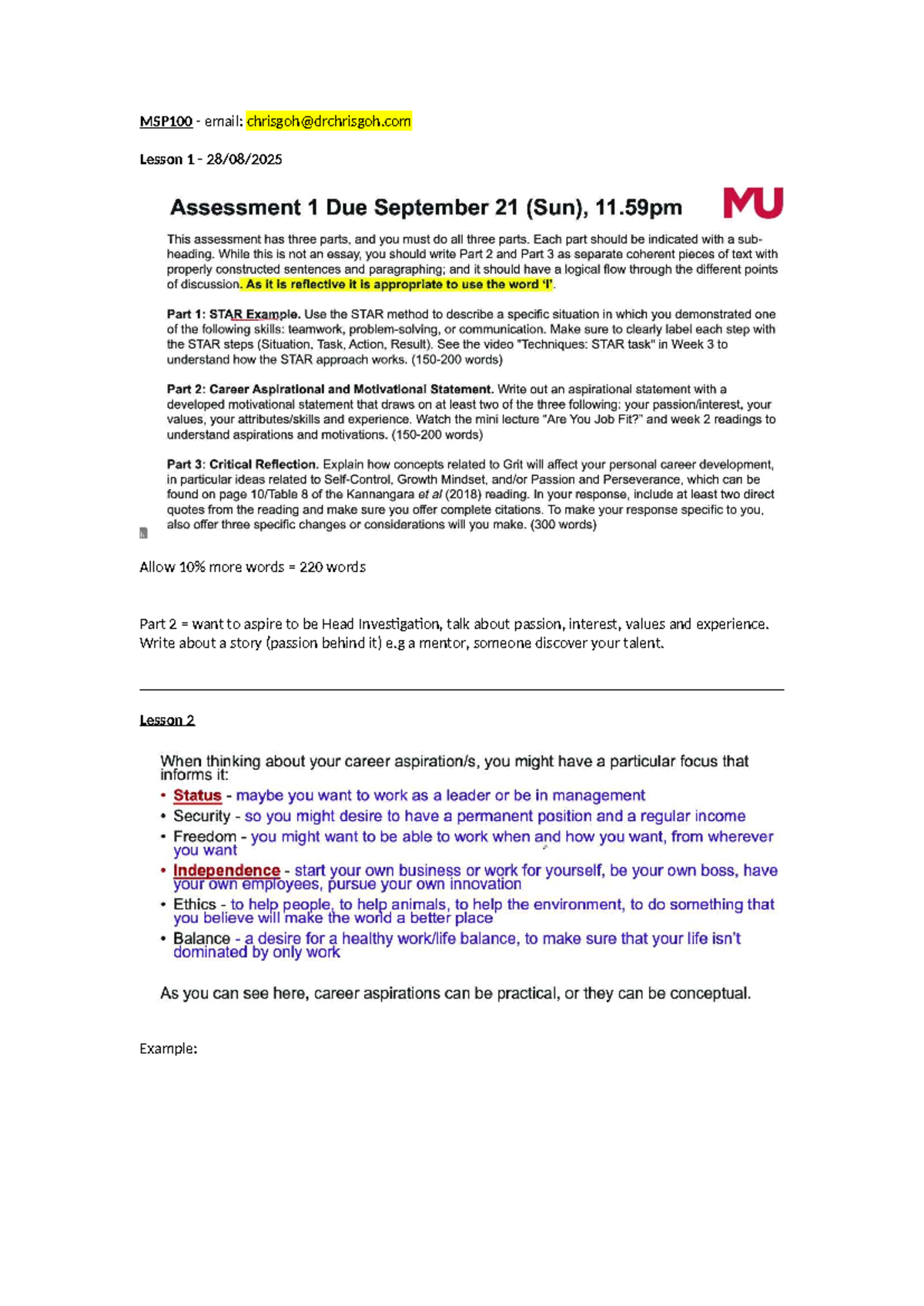 MSP100 Lesson Notes: Aspiration, Motivation & Networking Strategies ...