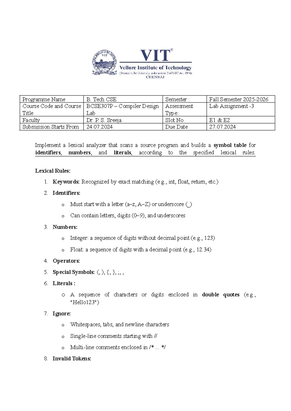 BCSE307P Compiler Design Lab: Lexical Analyzer Implementation - Studocu