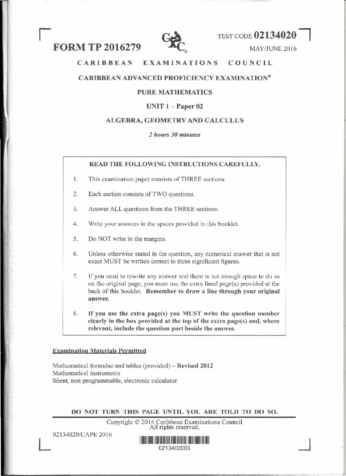 Cape Pure Mathematics Unit 1 Paper 2 Exam 2016: Algebra, Geometry ...