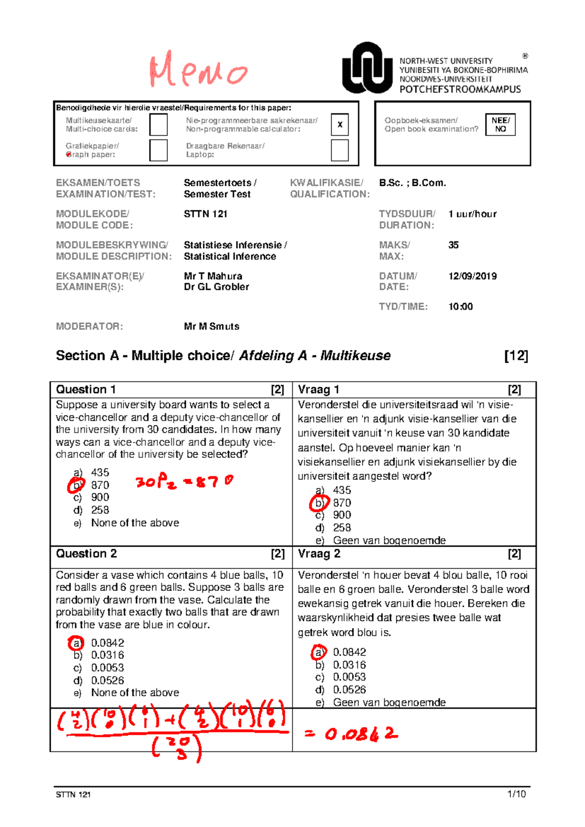 STTN 121 Semester Test 2019: Statistical Inference Questions - Studocu