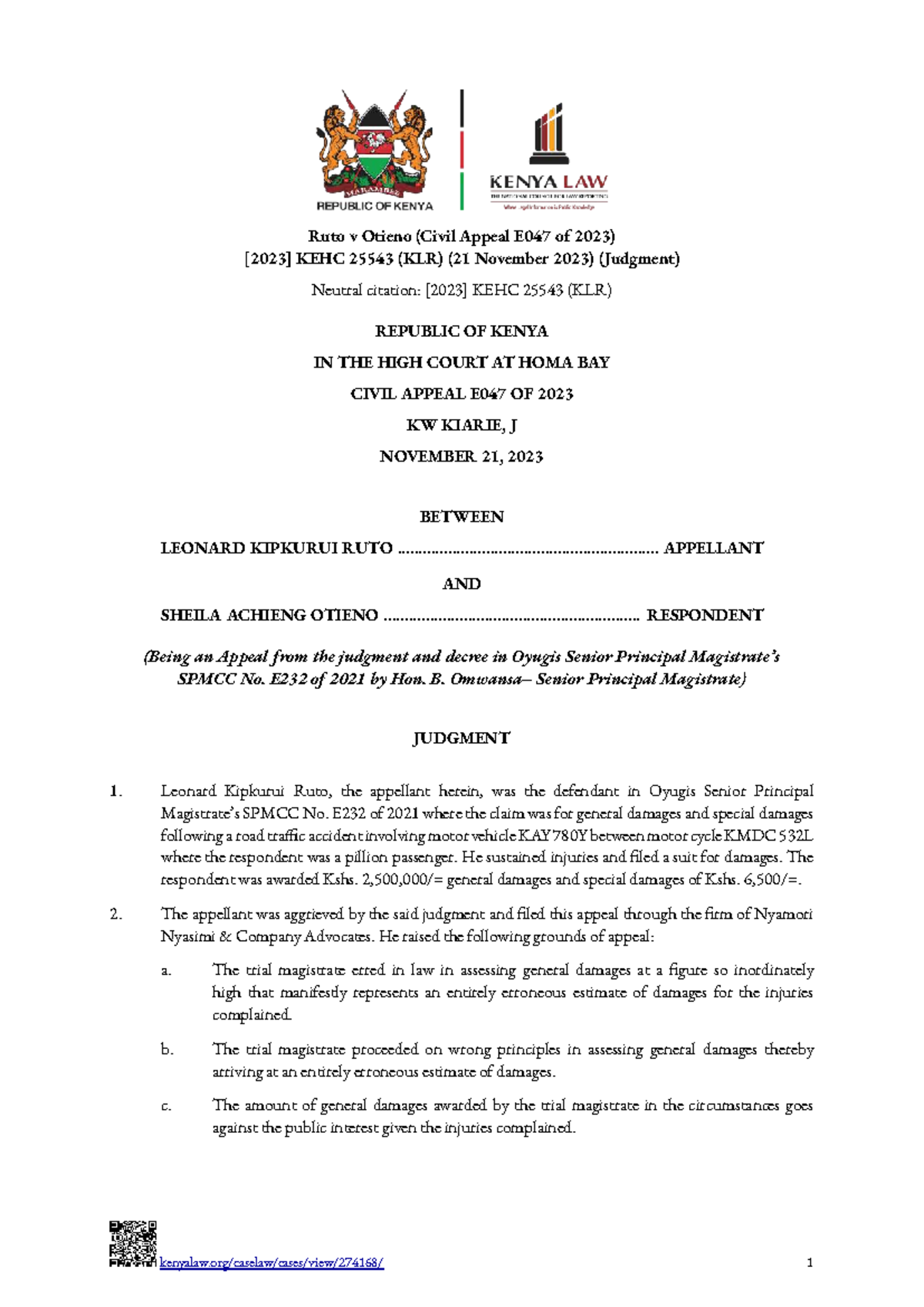 Ruto v Otieno (Civil Appeal E047 of 2023) - Road Traffic Accident Case ...