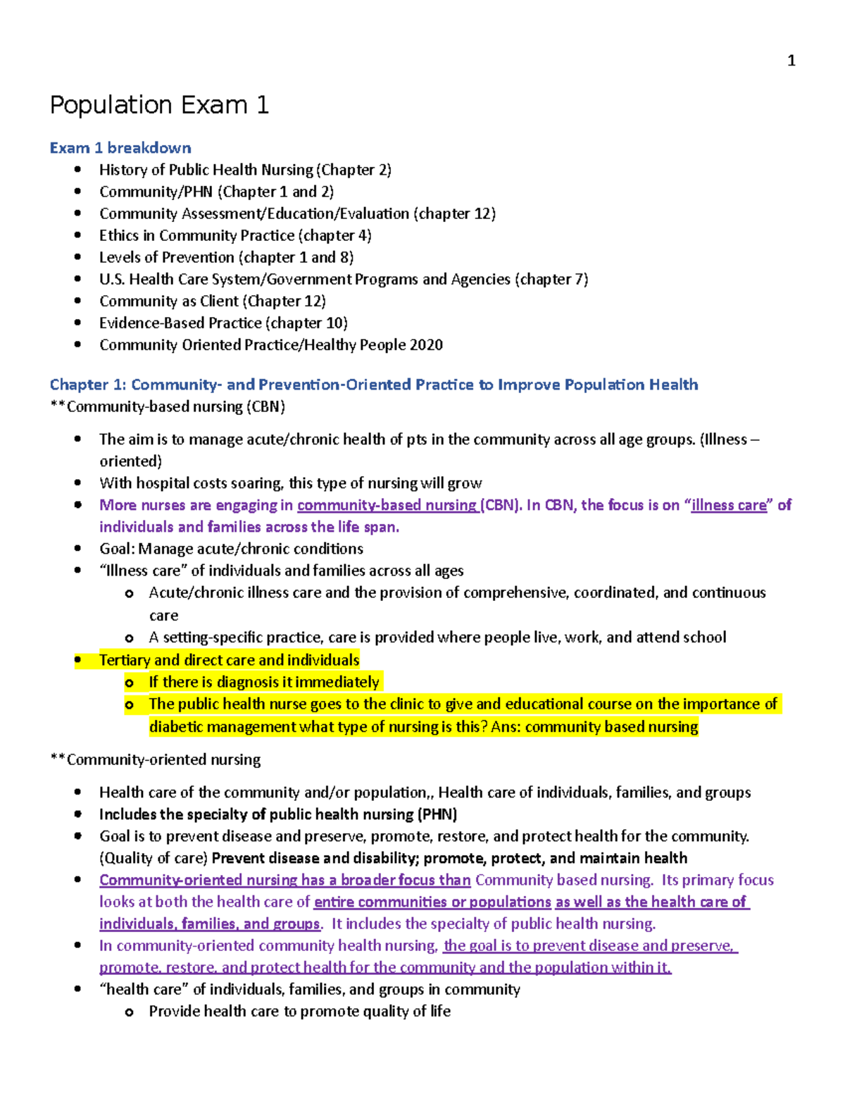 Population Exam 1 - Comprehensive Class Notes on Public Health Nursing ...