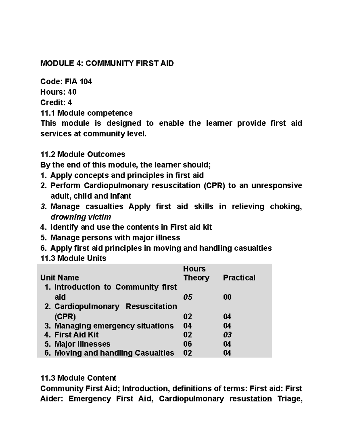First aid cha - year 1 lesson 1 - MODULE 4: COMMUNITY FIRST AID Code ...
