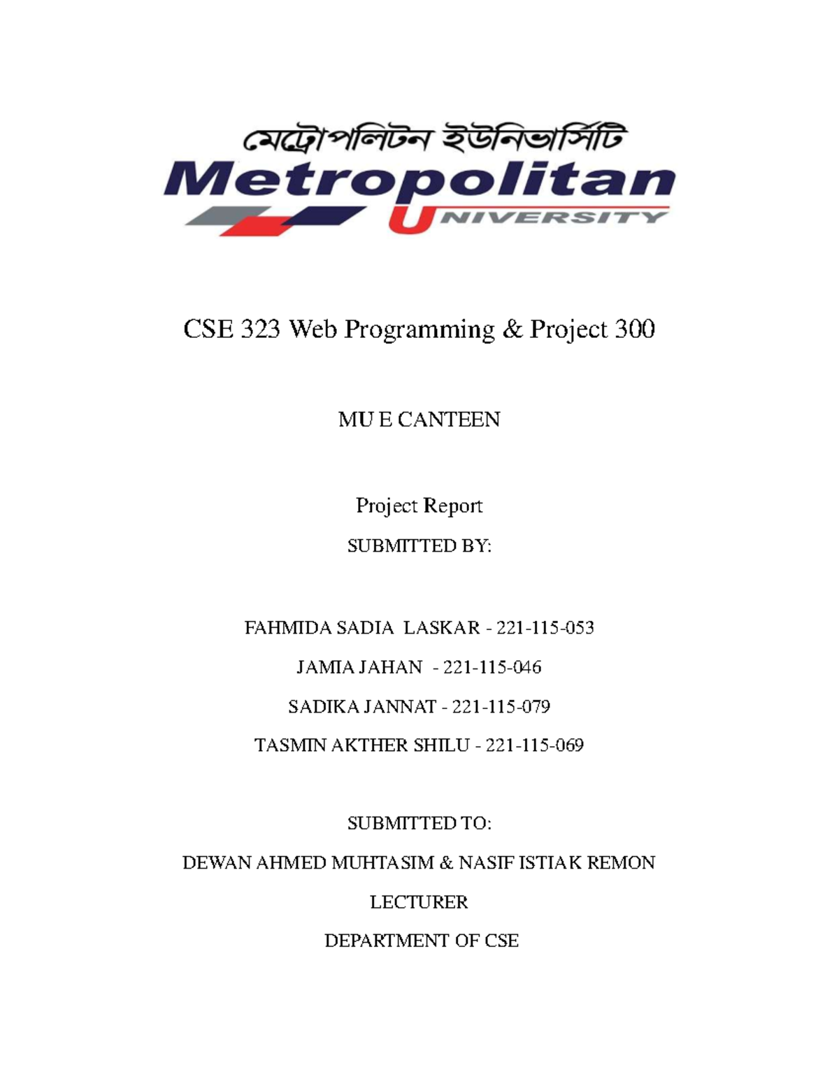 Report project 300 - CSE 323 Web Programming & Project 300 MU E CANTEEN ...
