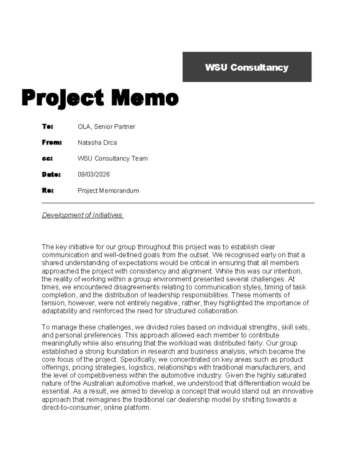 WSU Consultancy Project Memo: Key Insights and Reflections - Studocu