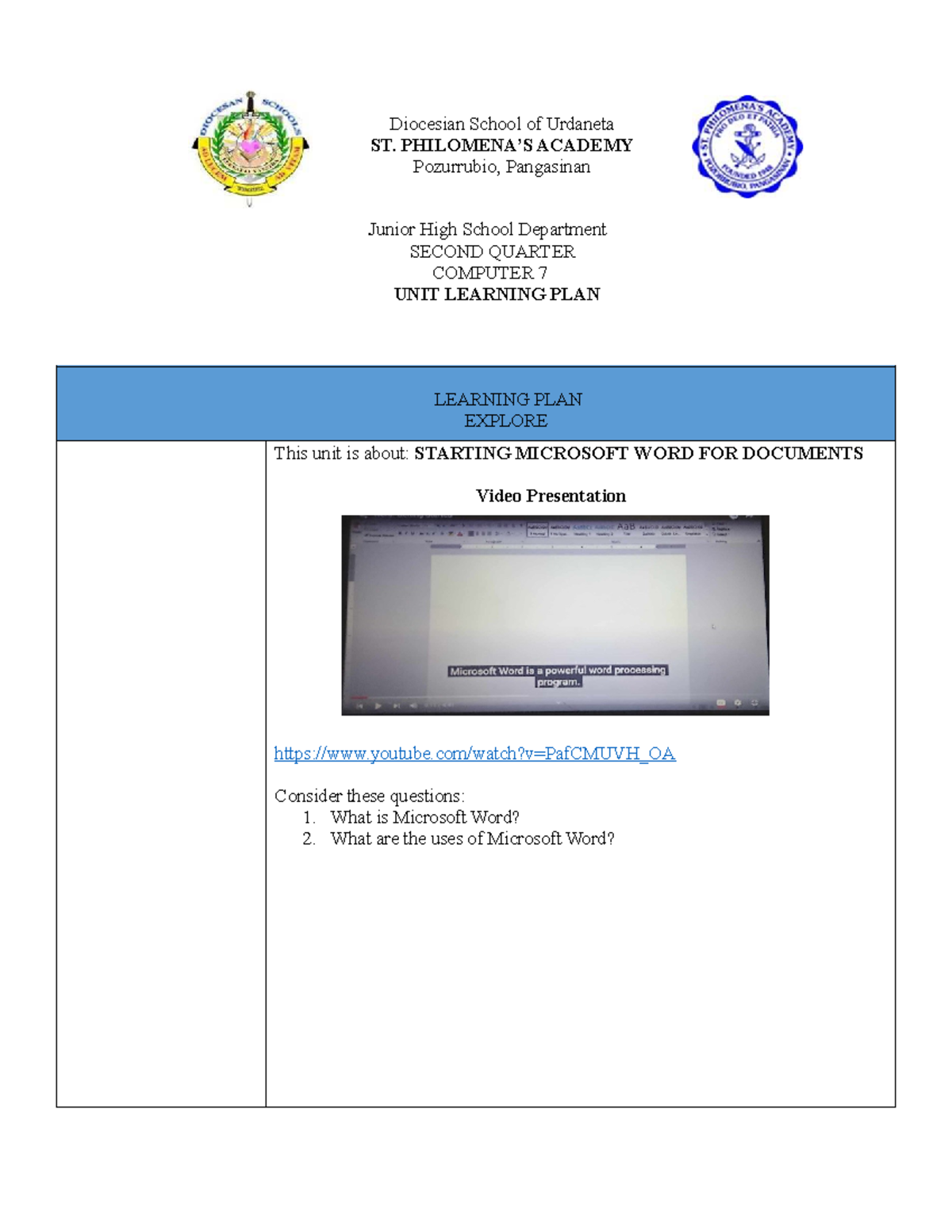 Second Quarter Computer 7 Learning Plan: Microsoft Word Basics - Studocu