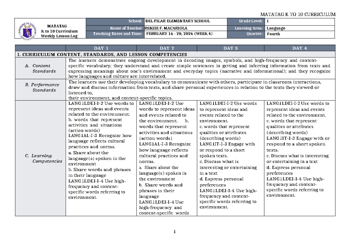 DTC DLL Matatag Language 1 Q4 W4: Weekly Lesson Log - Studocu