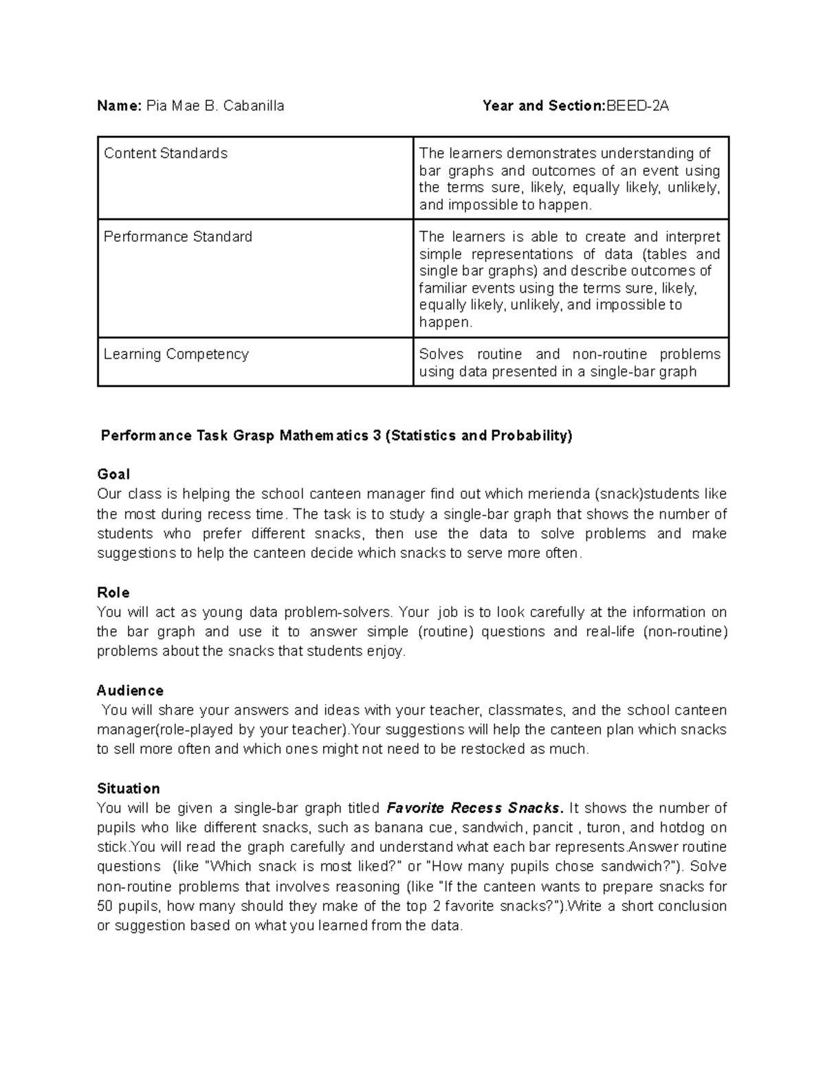 Grasp Mathematics 3: Analyzing Favorite Recess Snacks Data - Studocu