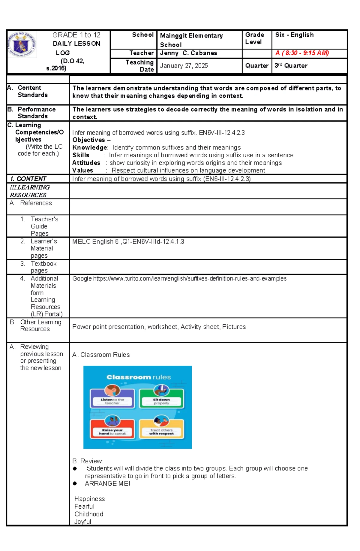 BASIC EDUCATION CLASSROOM INSTRUCTION EVALUATION SHEET - Studocu