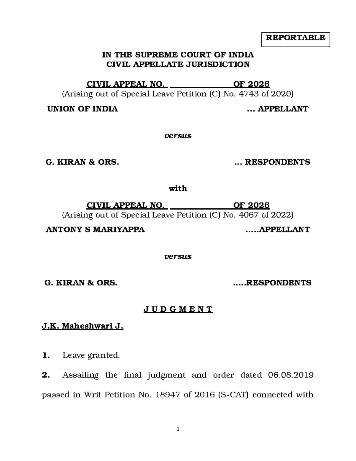 Civil Appeal No. 2026: Supreme Court Judgment on Cadre Allocation - Studocu