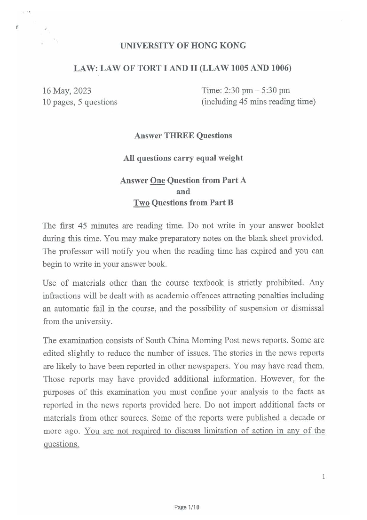 Final Exam Questions for LLAW 1005 & 1006: Law of Tort I and II - Studocu