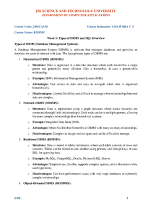 RDBMS Lab Manual: Week 1 - Types of DBMS & SQL Overview (24MCA130 ...